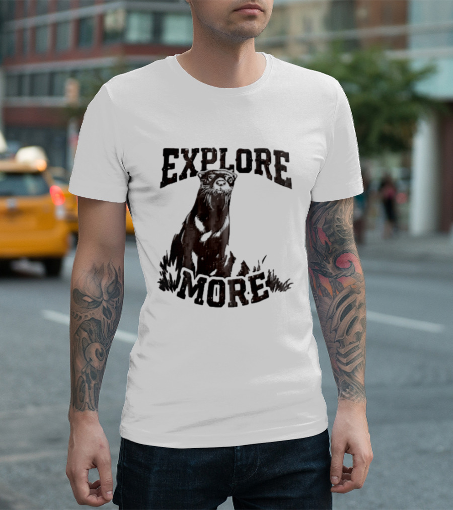 Explore More River Otter Tall Grass Distressed Woodcut Black White T-Shirt