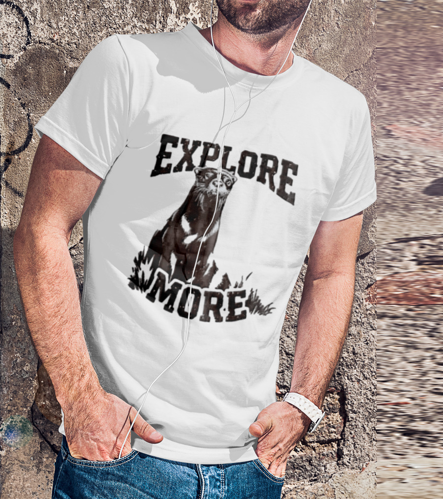 Explore More River Otter Tall Grass Distressed Woodcut Black White T-Shirt