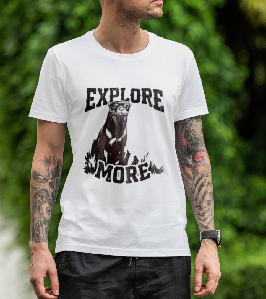 Explore More River Otter Tall Grass Distressed Woodcut Black White T-Shirt
