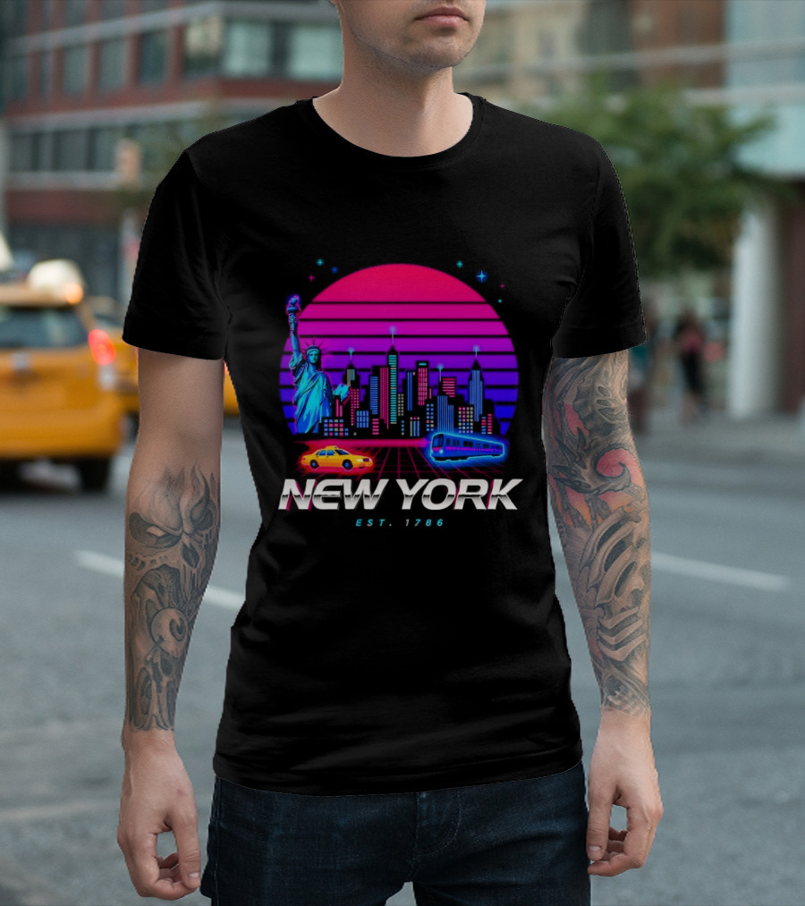 New York Est 1786 Cityscape Synthwave Statue Of Liberty Neon Skyline Retro Car T-Shirt