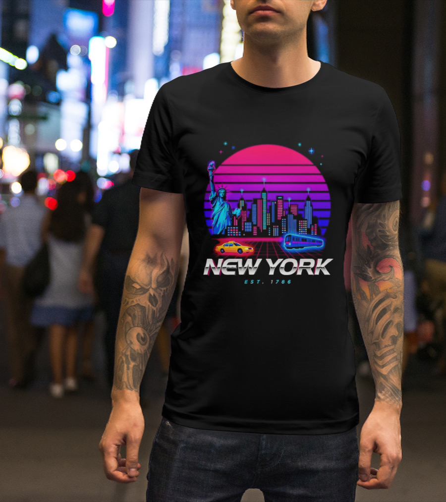 New York Est 1786 Cityscape Synthwave Statue Of Liberty Neon Skyline Retro Car T-Shirt