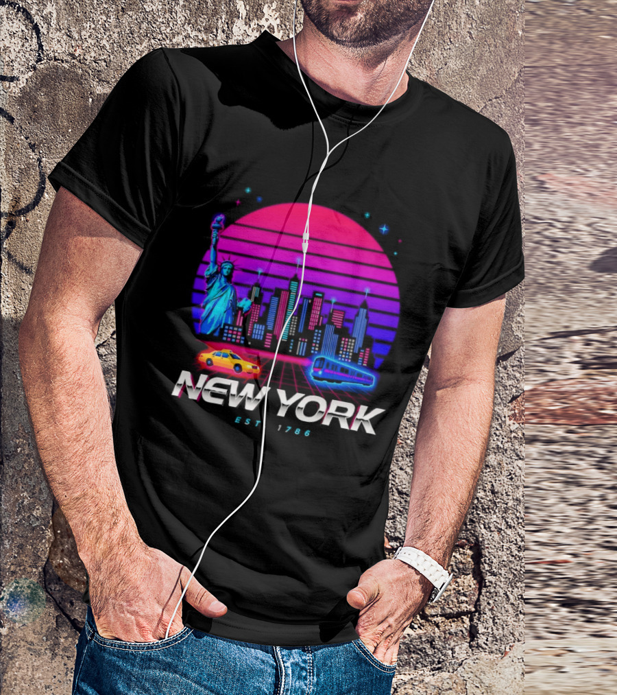 New York Est 1786 Cityscape Synthwave Statue Of Liberty Neon Skyline Retro Car T-Shirt