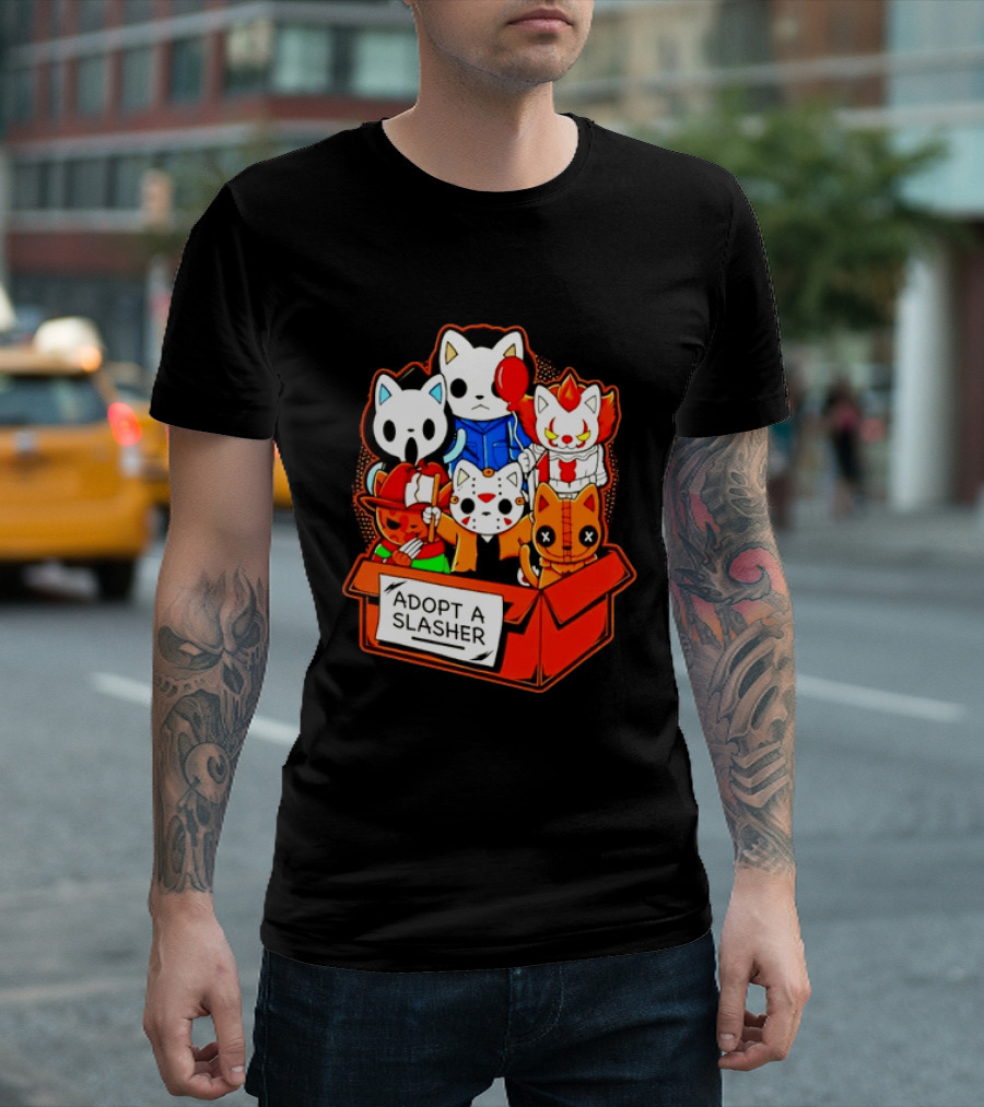Adopt A Slasher Horror Movie Cat Characters Box Featuring Iconic Halloween Villains T-Shirt