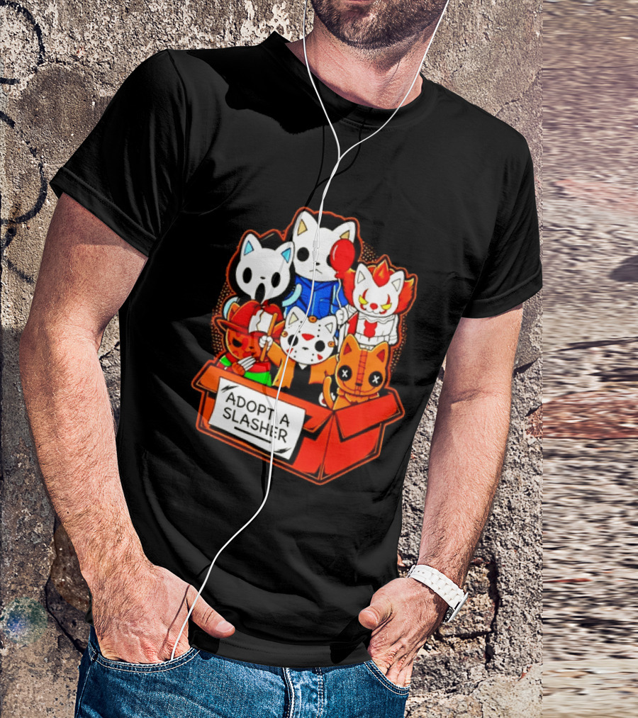 Adopt A Slasher Horror Movie Cat Characters Box Featuring Iconic Halloween Villains T-Shirt