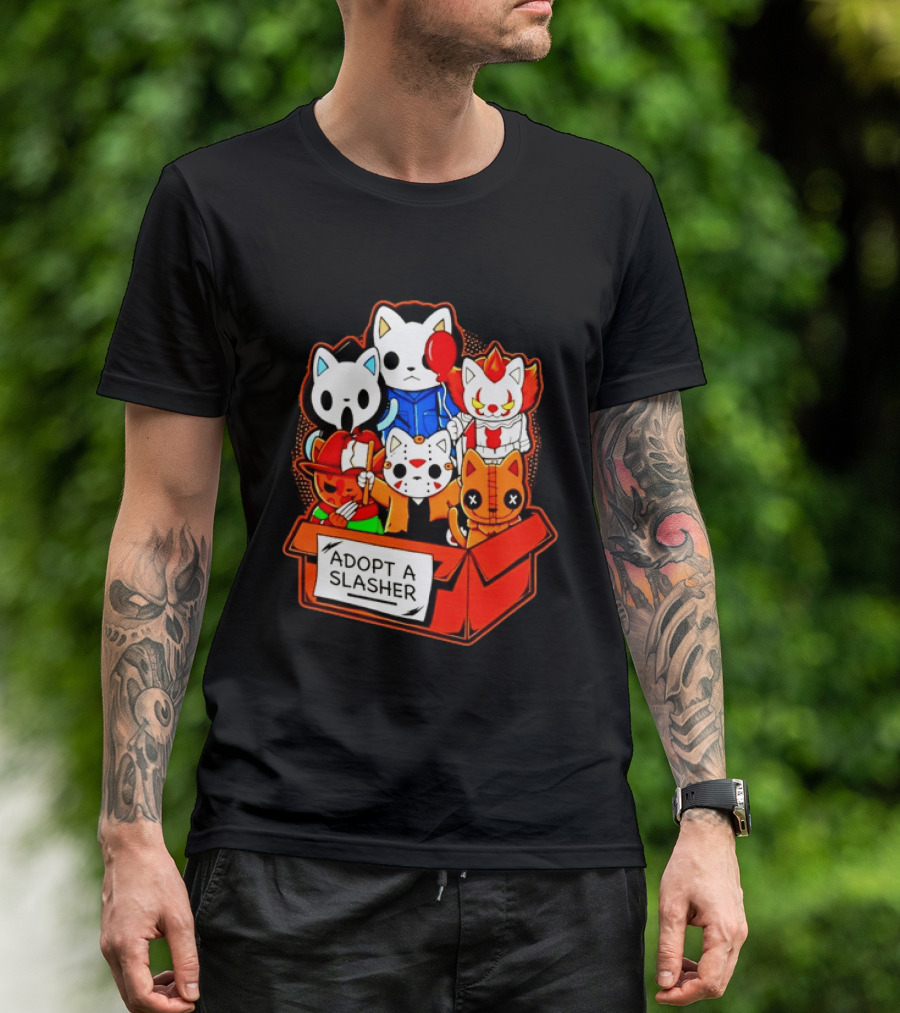 Adopt A Slasher Horror Movie Cat Characters Box Featuring Iconic Halloween Villains T-Shirt