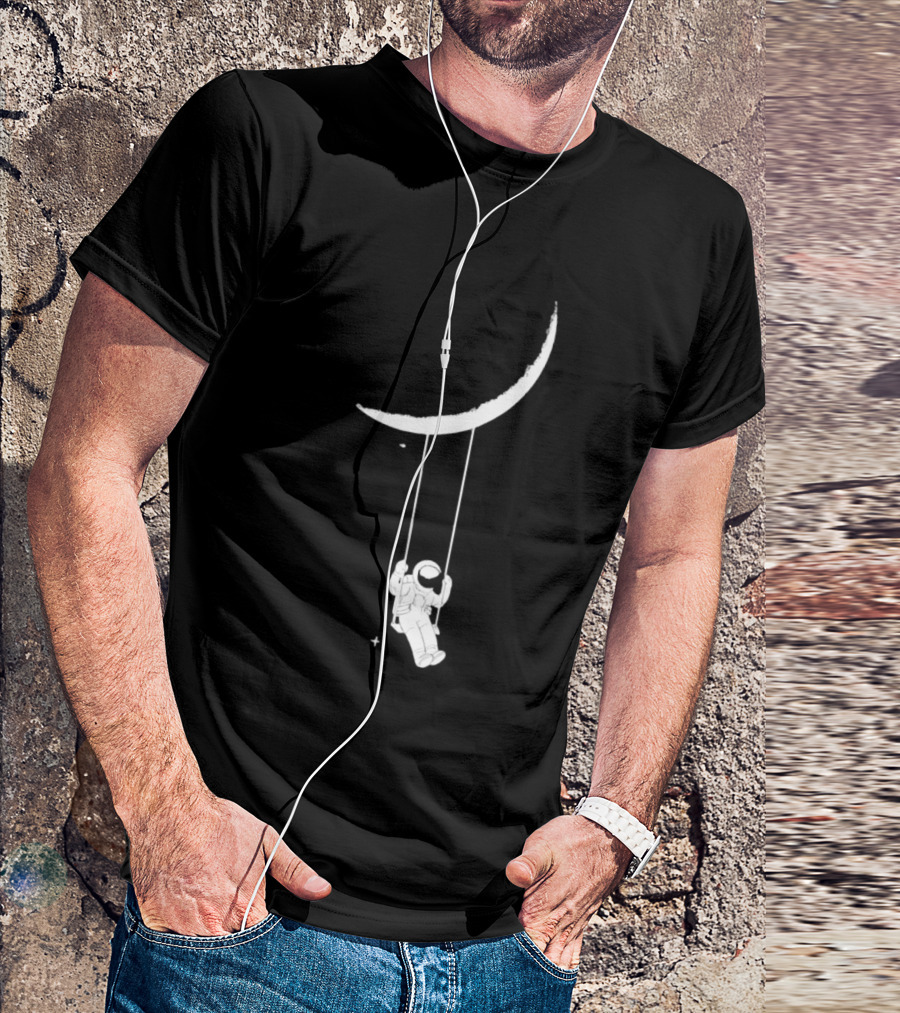 Astronaut Swinging On Crescent Moon Space Scene T-Shirt