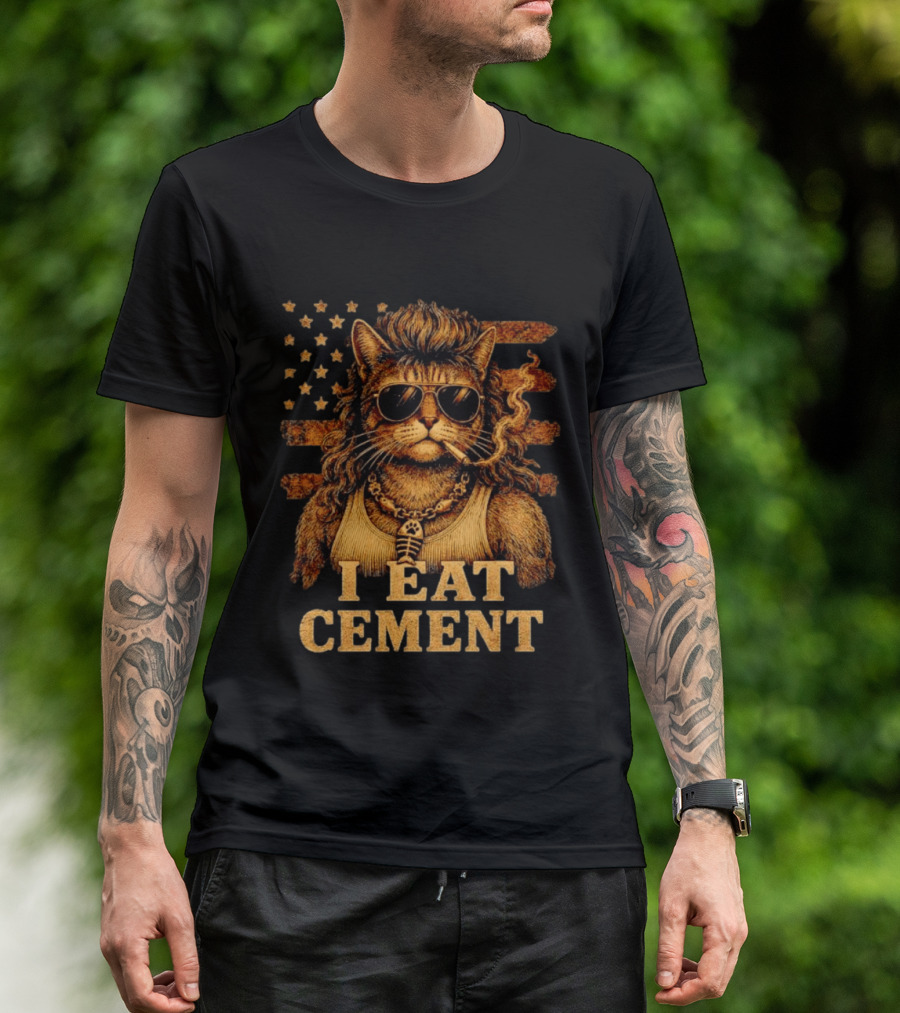 I Eat Cement Mullet Cat With Sunglasses And American Flag T-Shirt