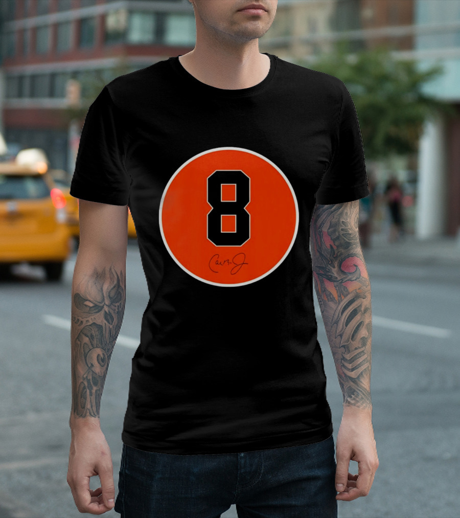 Cal Ripken Jr Number 8 Baltimore Orioles Team Circle Orange T-Shirt