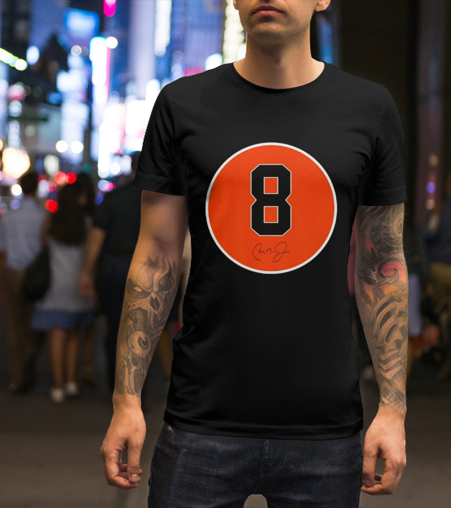 Cal Ripken Jr Number 8 Baltimore Orioles Team Circle Orange T-Shirt