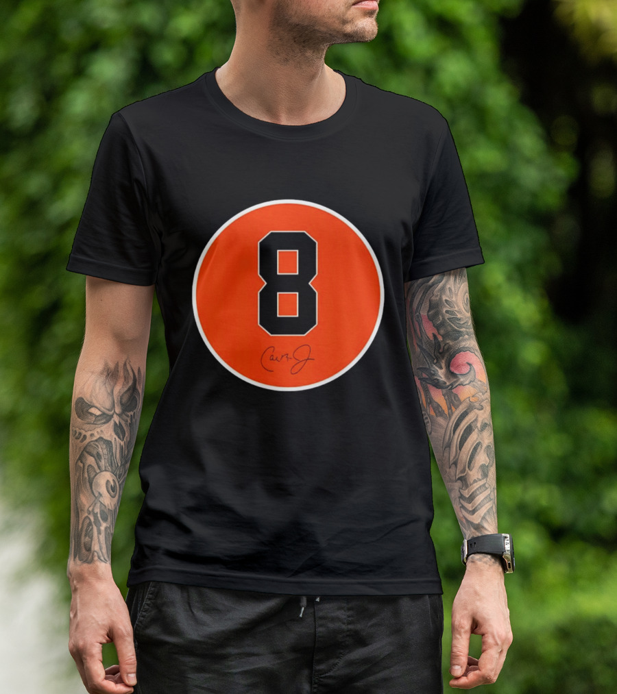 Cal Ripken Jr Number 8 Baltimore Orioles Team Circle Orange T-Shirt
