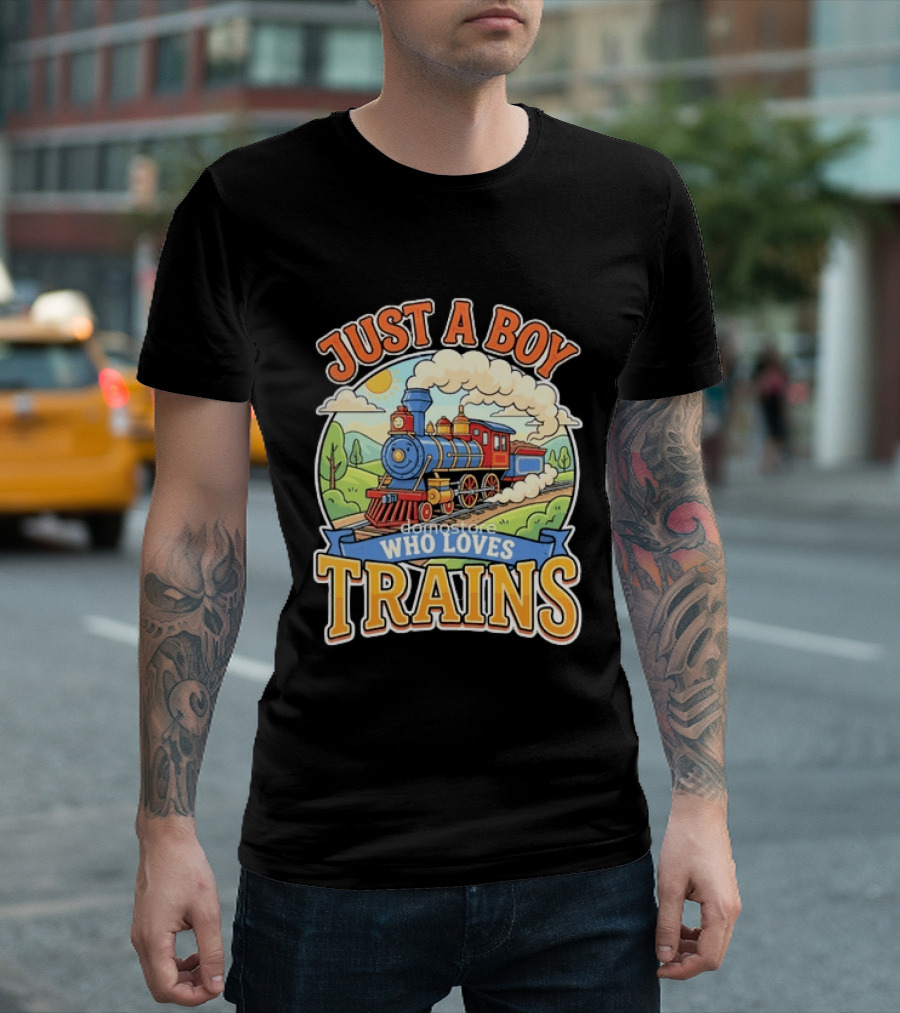 Just A Boy Who Loves Trains Colorful Locomotive Adventure T-Shirt
