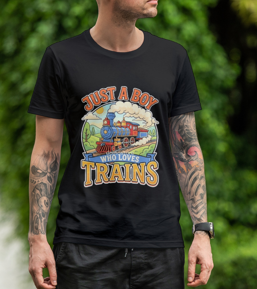 Just A Boy Who Loves Trains Colorful Locomotive Adventure T-Shirt