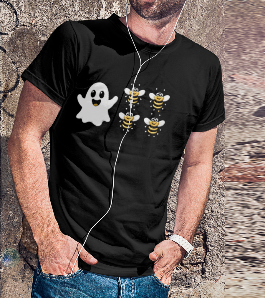 Cartoon White Ghost And Waving Four Bumblebees Cute T-Shirt