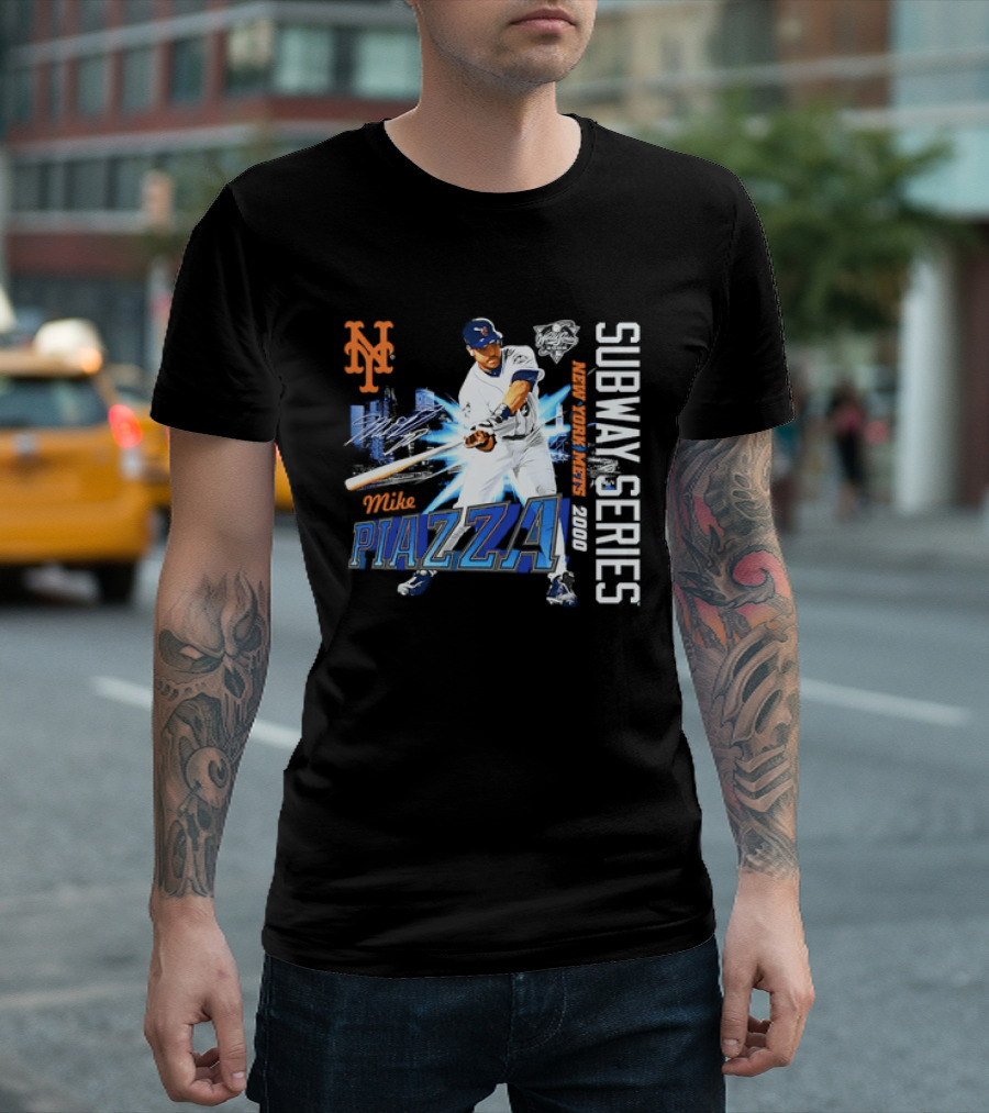 New York Mets Mike Piazza 2000 Subway Series Urban Baseball Action T-Shirt