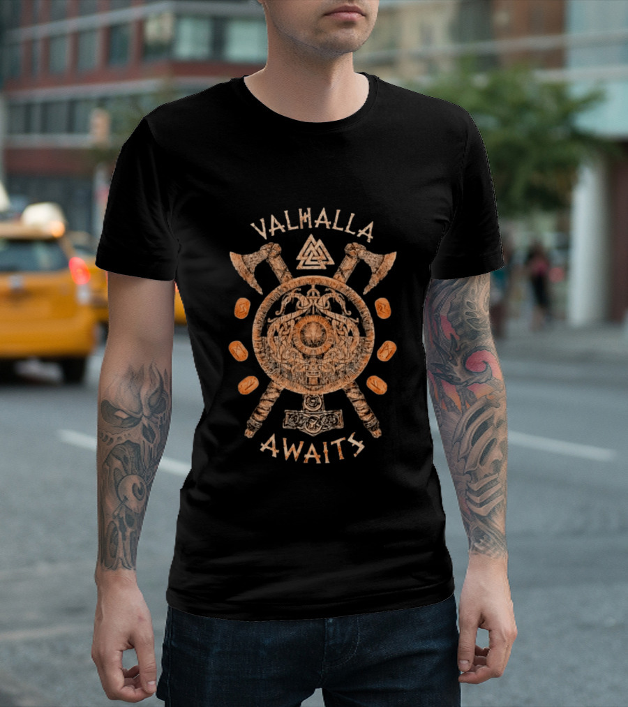 Valhalla Awaits Distressed Viking Shield Axes Norse Symbolism T-Shirt