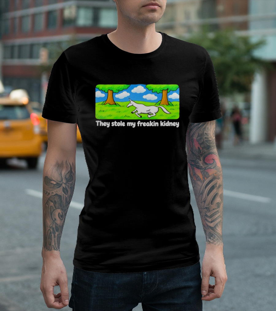 They Stole My Freakin Kidney Unicorn Cartoon Scene T-Shirt