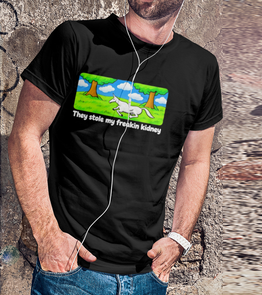 They Stole My Freakin Kidney Unicorn Cartoon Scene T-Shirt