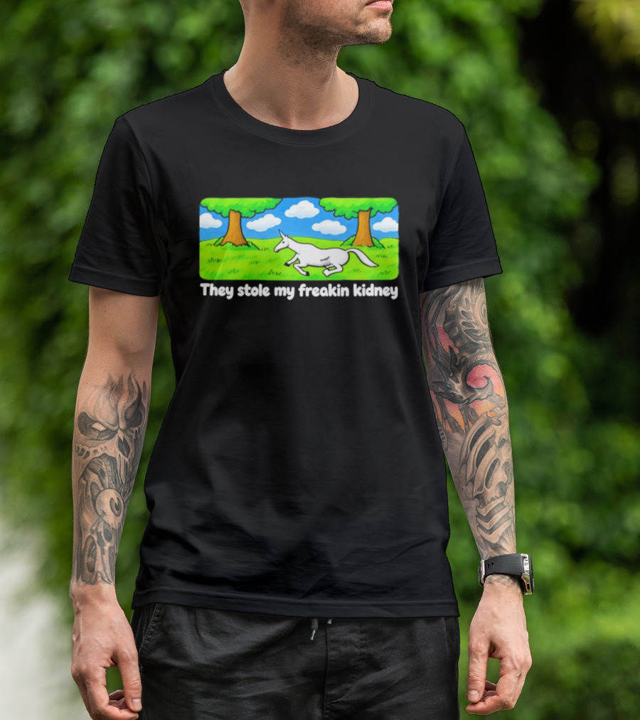 They Stole My Freakin Kidney Unicorn Cartoon Scene T-Shirt