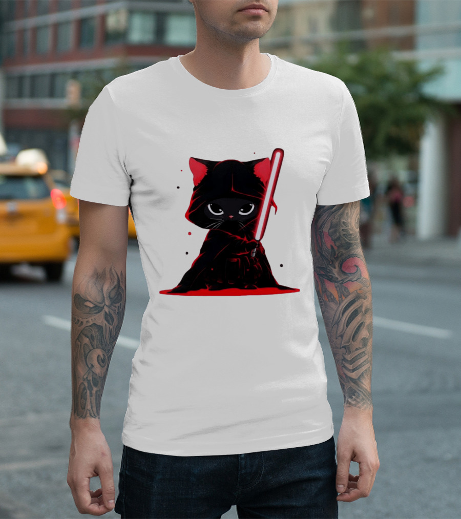 Black Cat Sith With Red Lightsaber Cloaked In Darkness T-Shirt