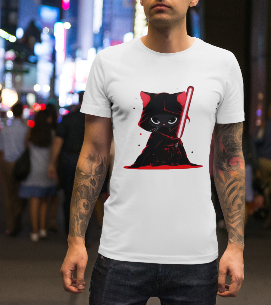 Black Cat Sith With Red Lightsaber Cloaked In Darkness T-Shirt