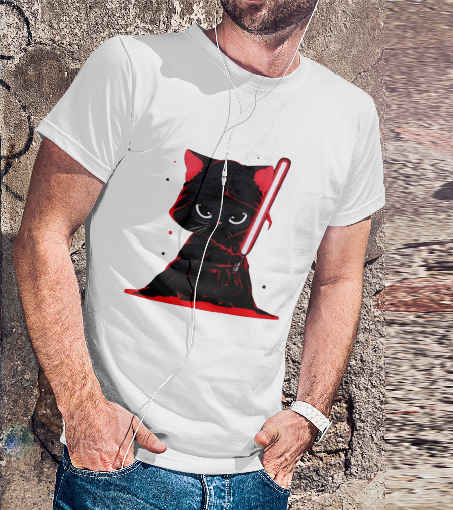 Black Cat Sith With Red Lightsaber Cloaked In Darkness T-Shirt