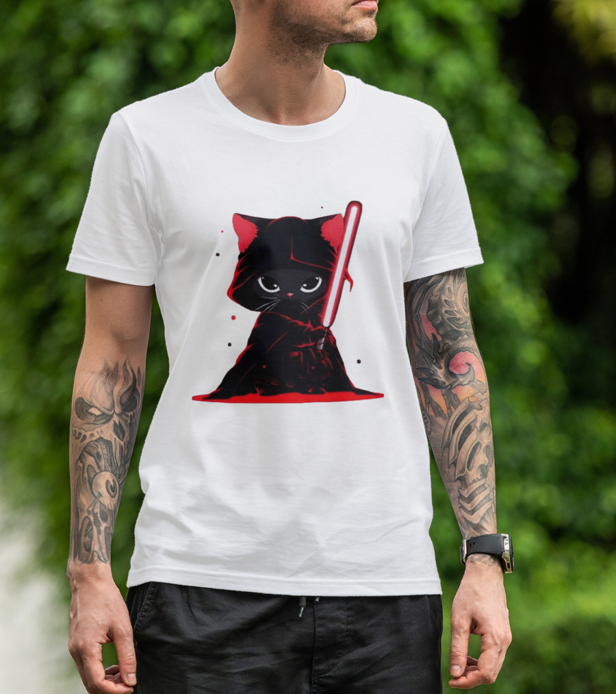Black Cat Sith With Red Lightsaber Cloaked In Darkness T-Shirt