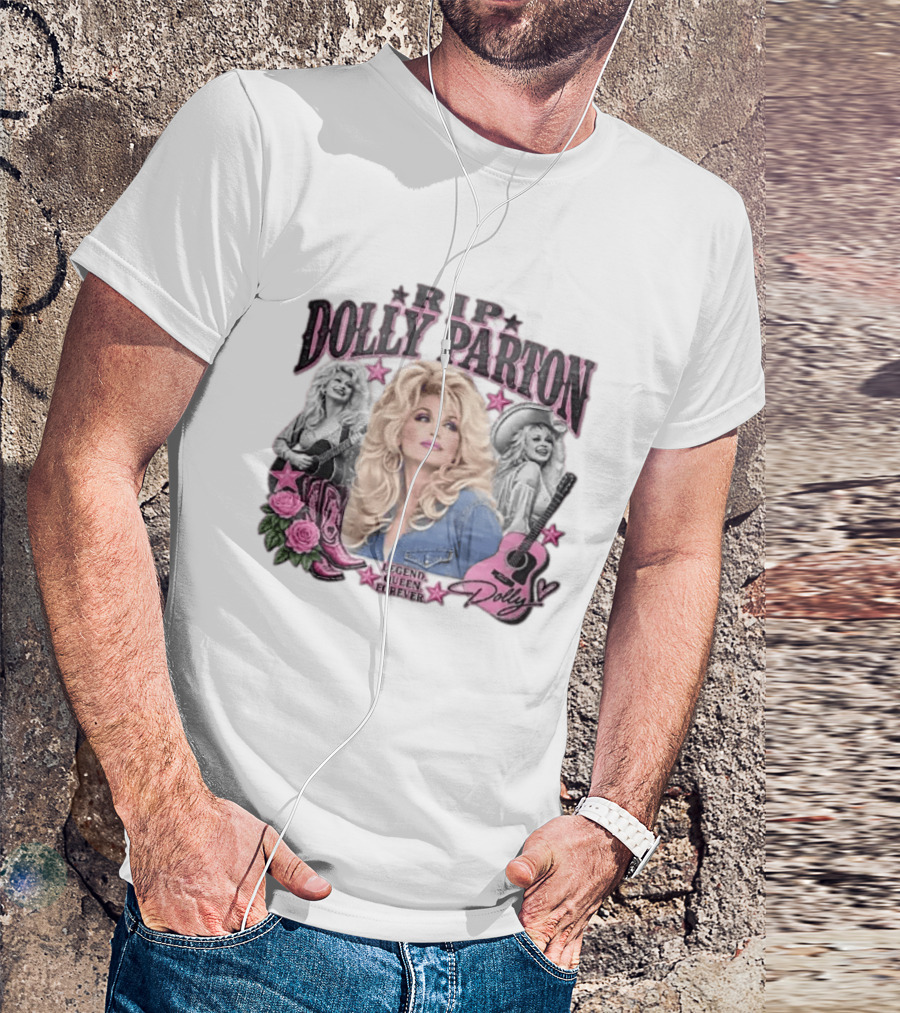 RIP Dolly Parton Legend Queen Forever Pink Cowboy Boots Roses Guitars Stars T-Shirt