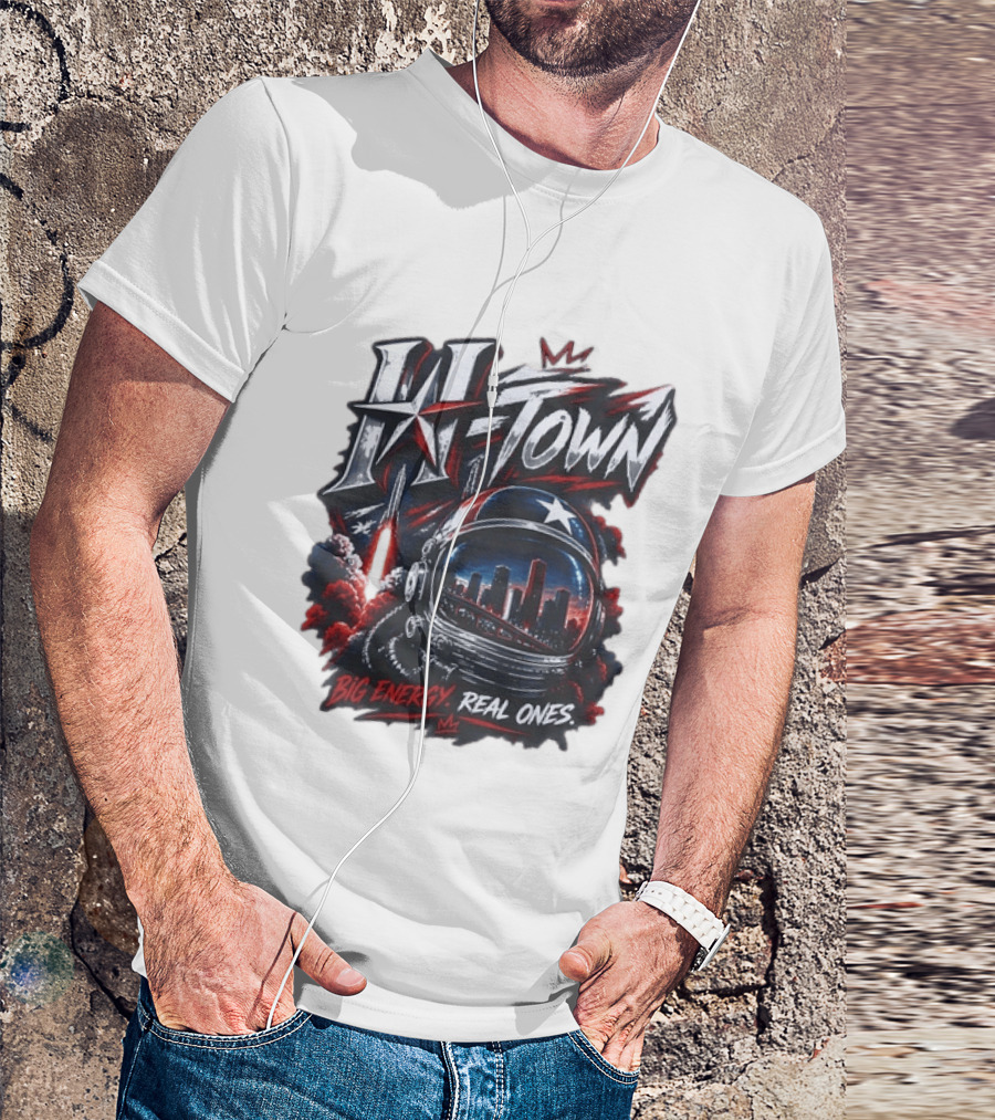 H Town Big Energy Real Ones Houston Astronaut Skyline T-Shirt