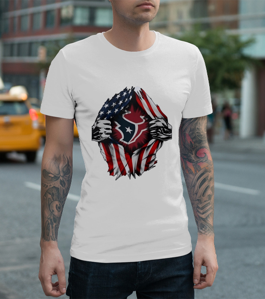 Houston Texans American Flag Ripped Chest NFL Fan T-Shirt