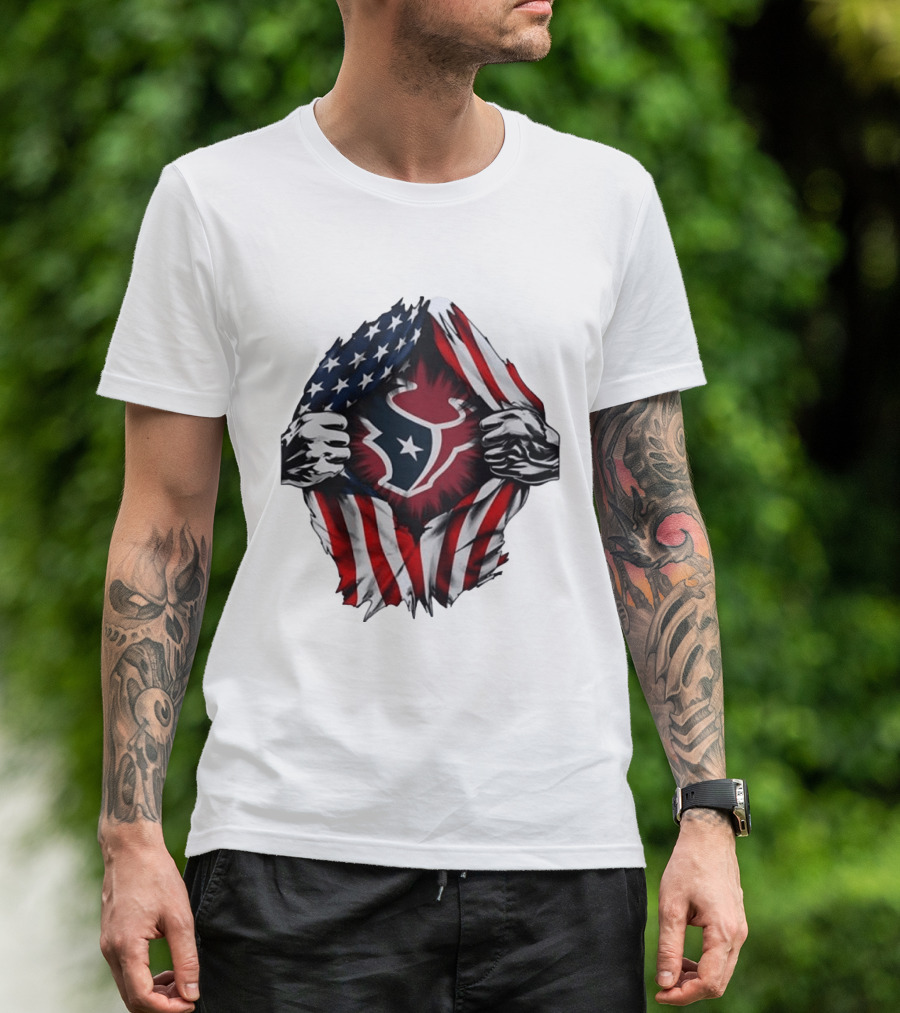 Houston Texans American Flag Ripped Chest NFL Fan T-Shirt