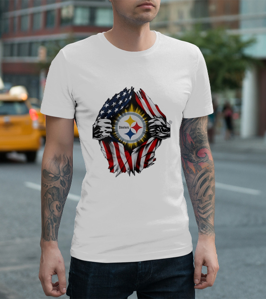 Pittsburgh Steelers American Flag Ripped Chest T-Shirt