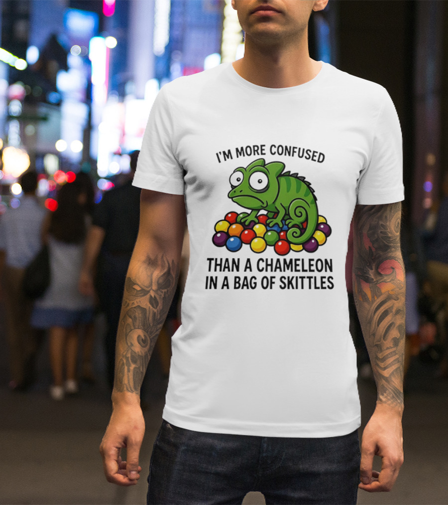 I'm More Confused Than A Chameleon In A Bag Of Skittles Colorful Chameleon And Candy Humor T-Shirt