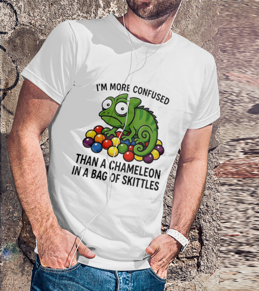 I'm More Confused Than A Chameleon In A Bag Of Skittles Colorful Chameleon And Candy Humor T-Shirt