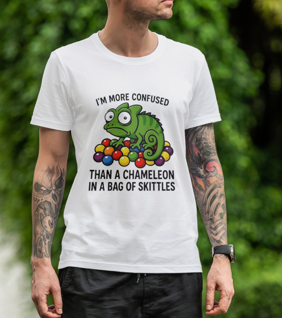 I'm More Confused Than A Chameleon In A Bag Of Skittles Colorful Chameleon And Candy Humor T-Shirt