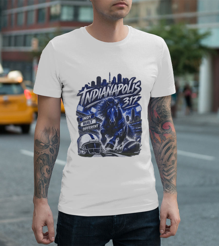 Indianapolis Colts 317 Indy Built Different Football Horse Helmet Skyline T-Shirt