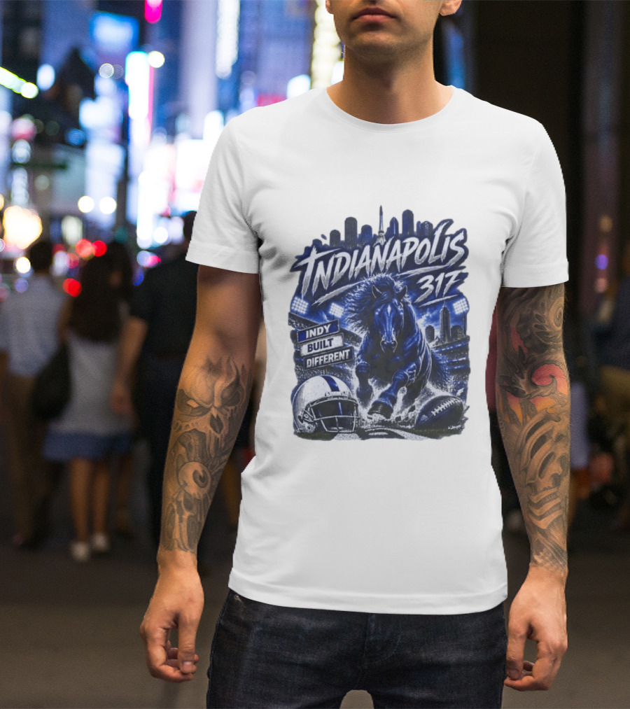 Indianapolis Colts 317 Indy Built Different Football Horse Helmet Skyline T-Shirt