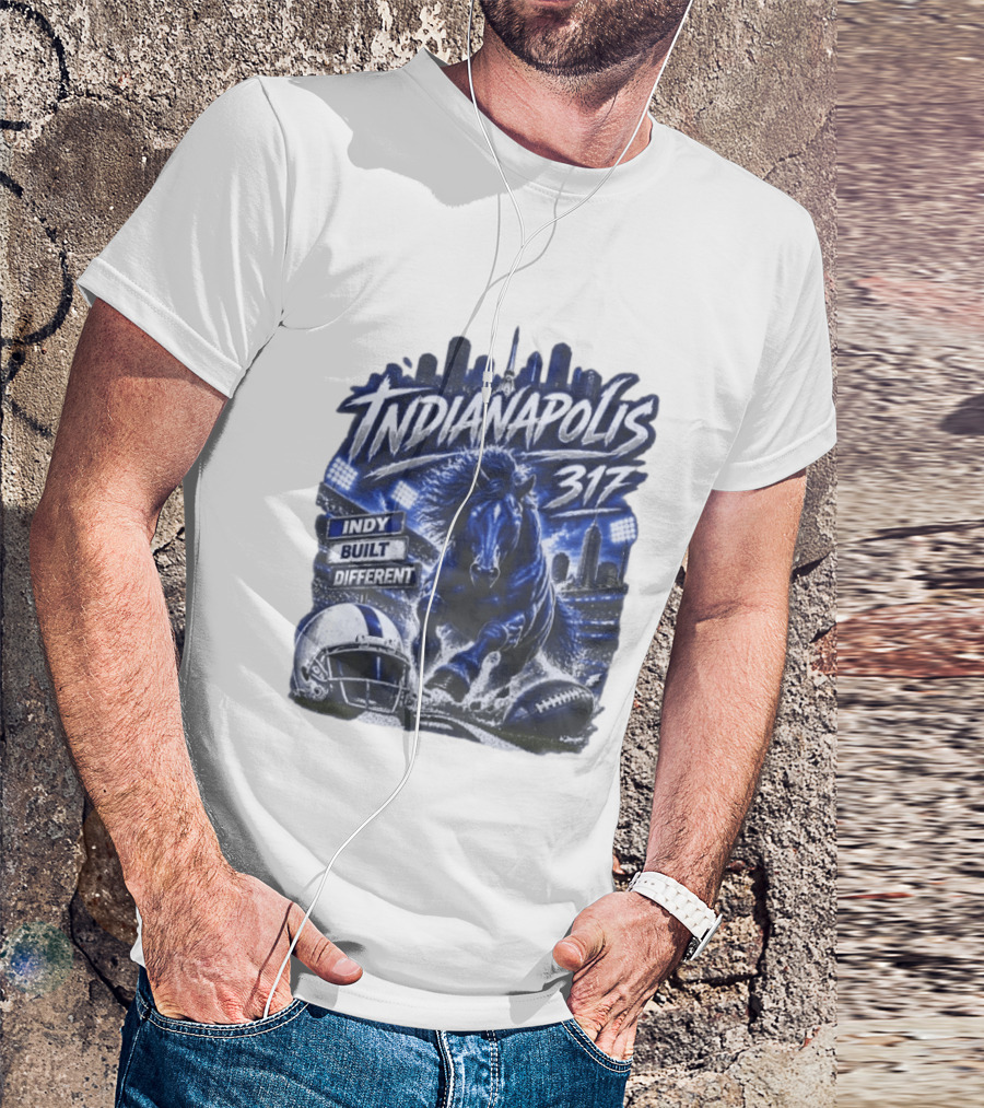 Indianapolis Colts 317 Indy Built Different Football Horse Helmet Skyline T-Shirt