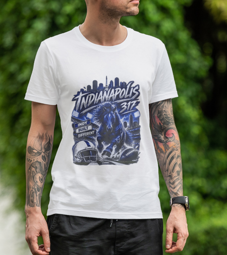 Indianapolis Colts 317 Indy Built Different Football Horse Helmet Skyline T-Shirt