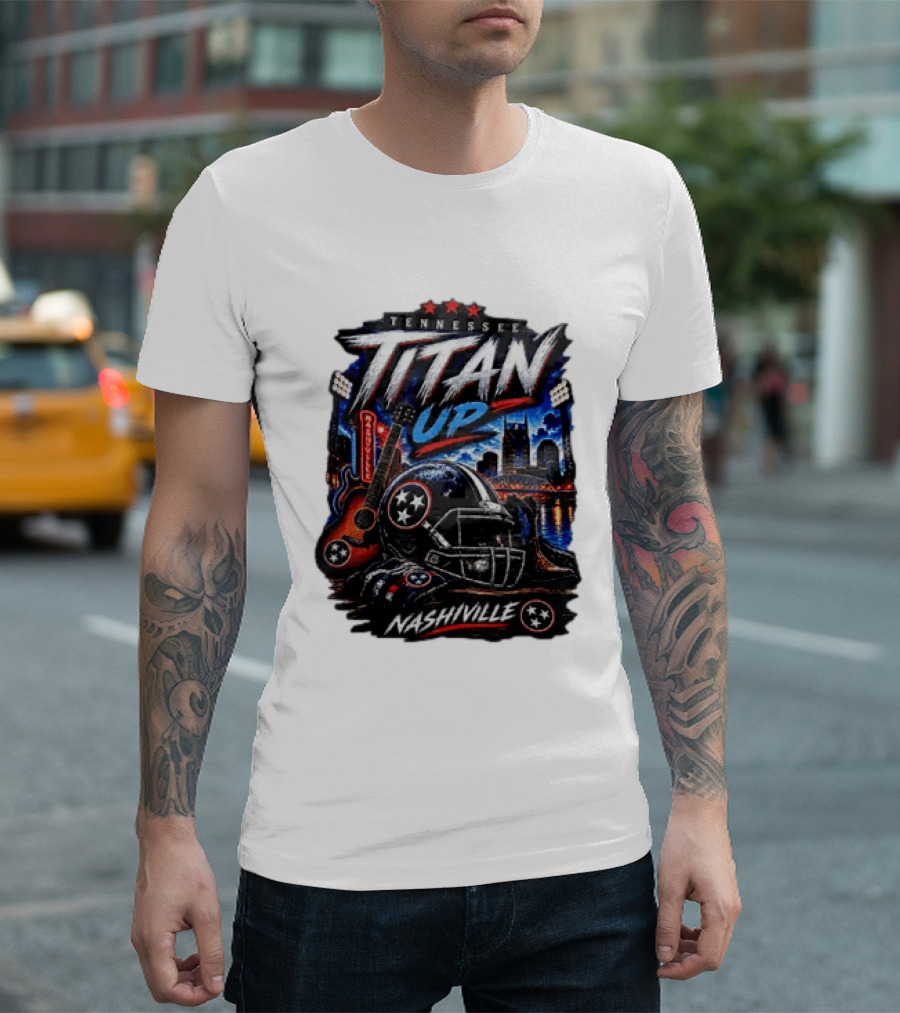 Tennessee Titan Up Football Helmet Guitar Nashville Skyline Titans T-Shirt