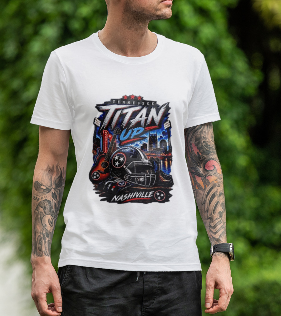 Tennessee Titan Up Football Helmet Guitar Nashville Skyline Titans T-Shirt