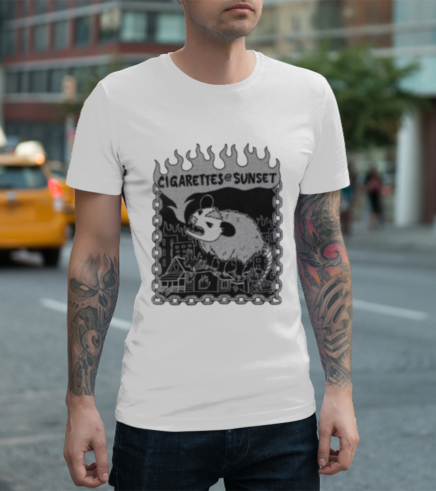 Cigarettes At Sunset OG Possum In Fiery Cityscape With Chains T-Shirt