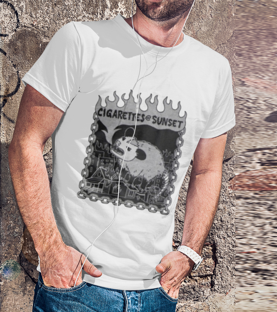 Cigarettes At Sunset OG Possum In Fiery Cityscape With Chains T-Shirt
