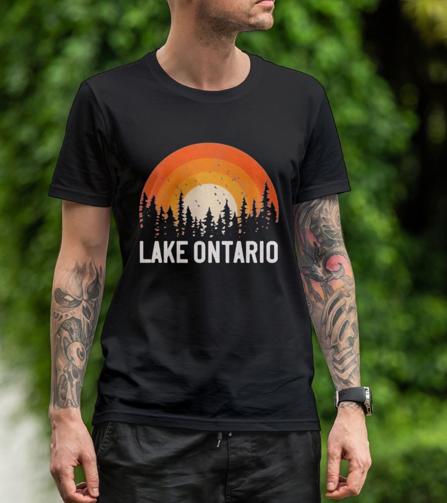 Lake Ontario Sunset Forest Birds Nature Scene With Orange Yellow Gradient T-Shirt