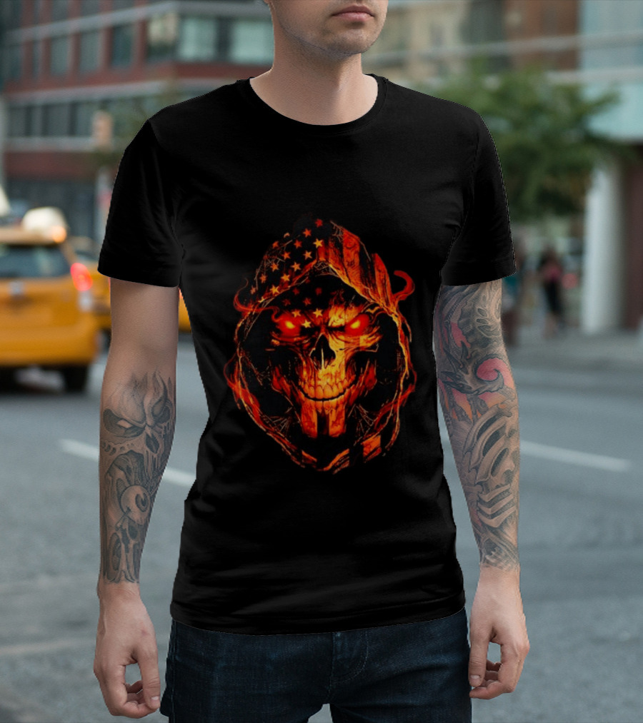 American Flag Skull Grim Reaper With Glowing Red Eyes T-Shirt