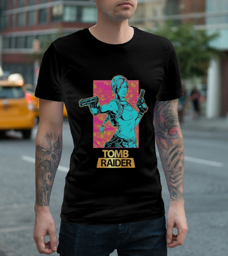 Tomb Raider Lara Croft Neon Halftone Dual Pistols T-Shirt