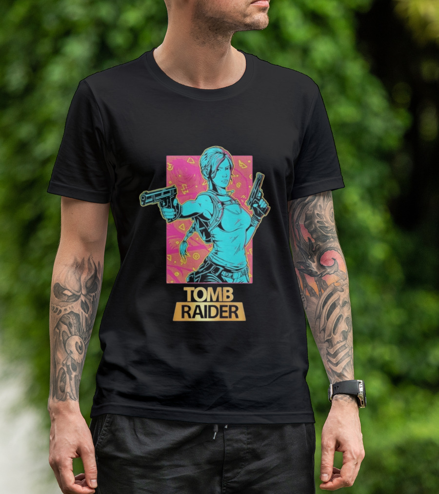 Tomb Raider Lara Croft Neon Halftone Dual Pistols T-Shirt