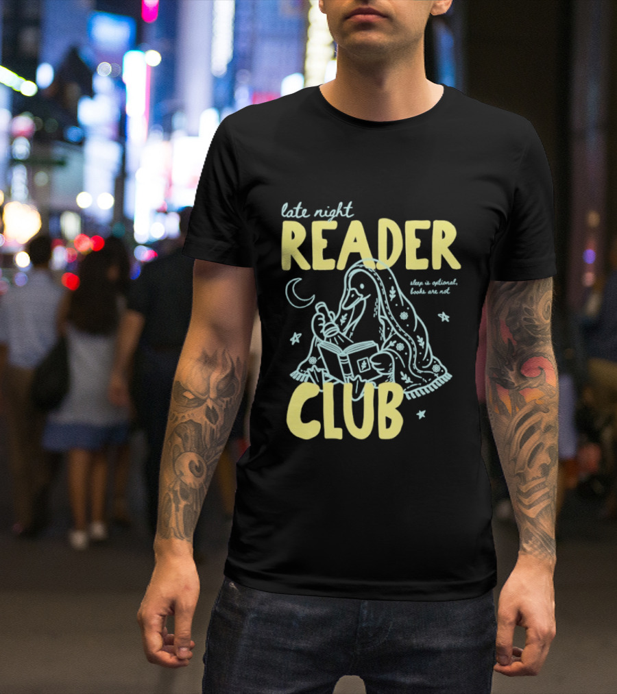Late Night Reader Club Penguin Reading Moon Stars Sleep Is Optional Books Are Not T-Shirt