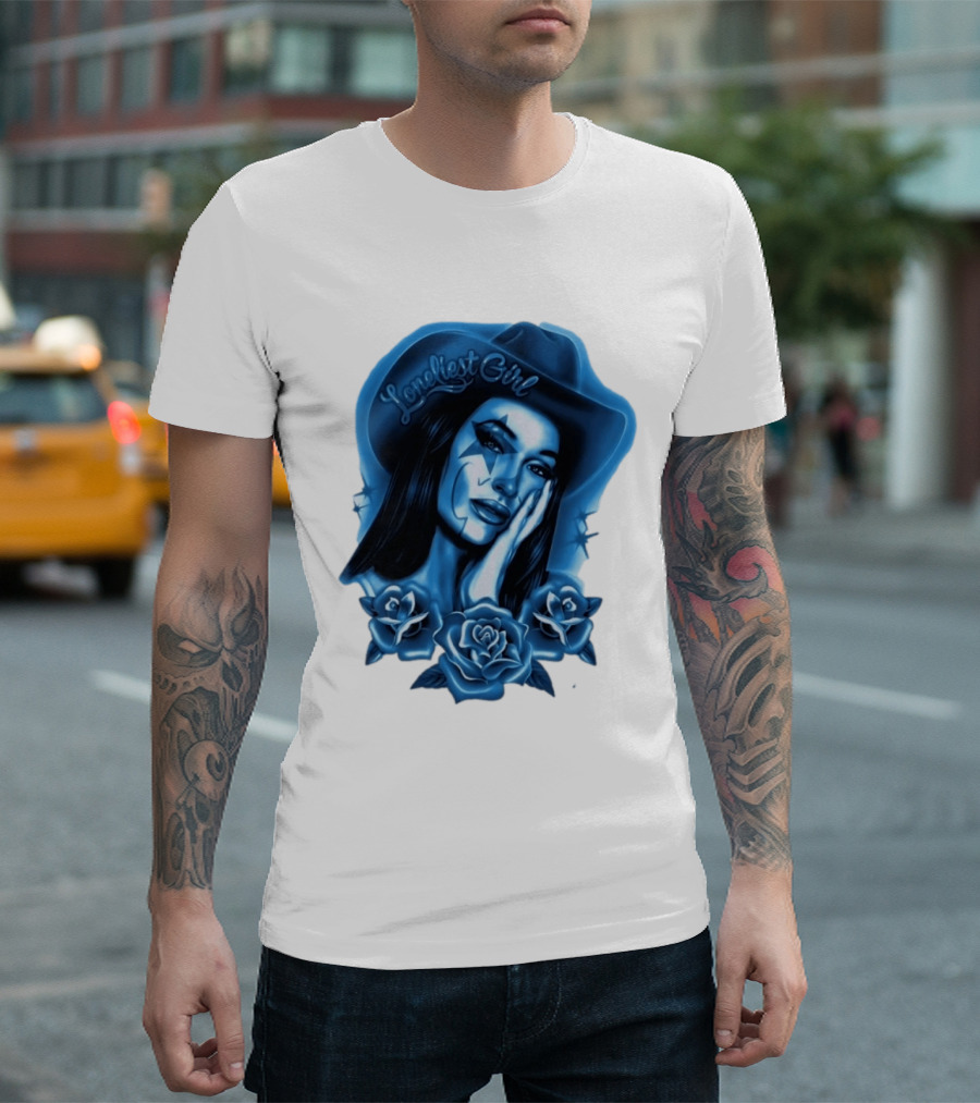 Loneliest Girl Airbrush Cowgirl In Blue With Roses T-Shirt