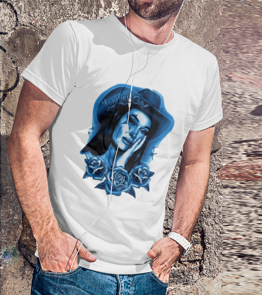 Loneliest Girl Airbrush Cowgirl In Blue With Roses T-Shirt