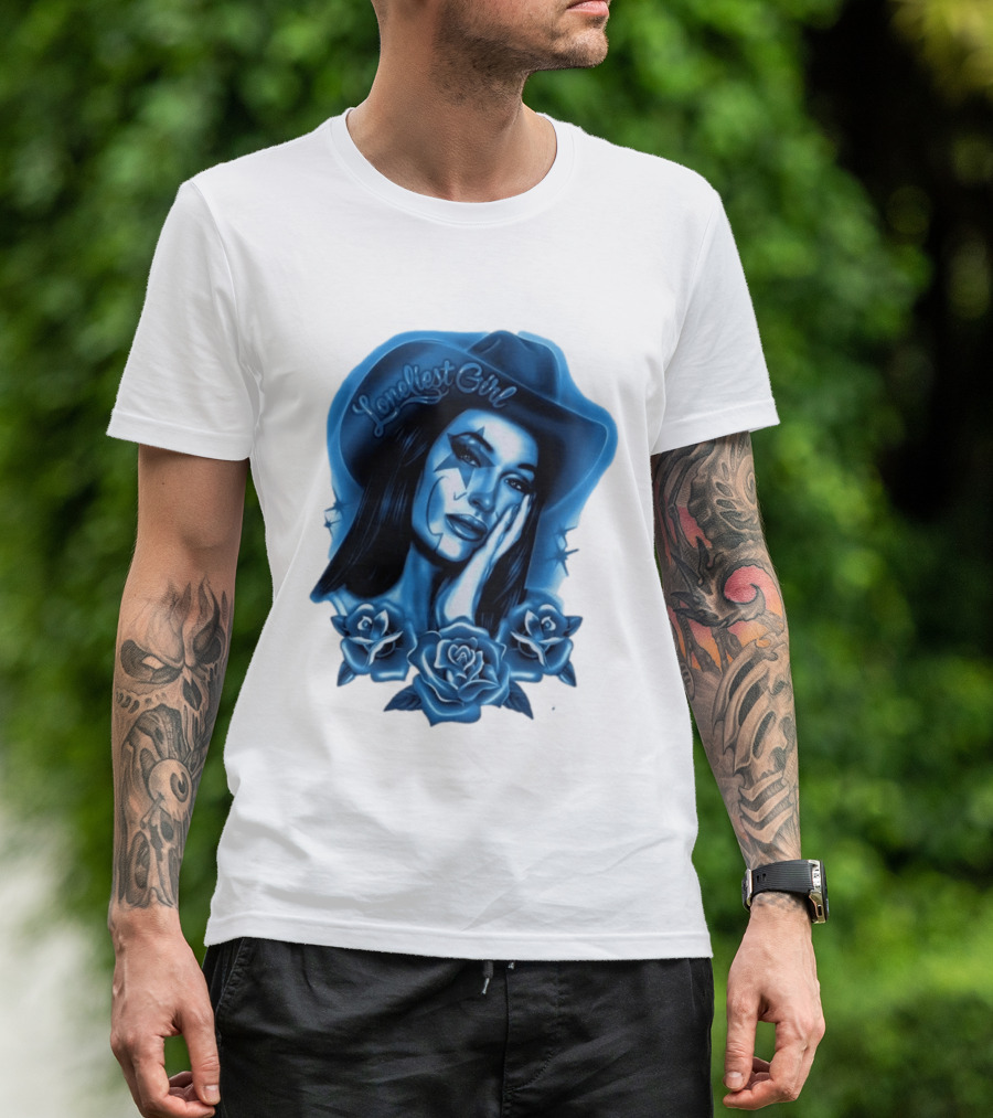 Loneliest Girl Airbrush Cowgirl In Blue With Roses T-Shirt